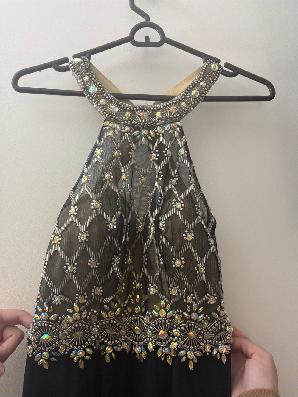 Alyce Paris Black and Gold Beaded Halter Prom Dress